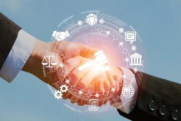 Law and Legal services. Lawyer man working with digital law interface icons in office.