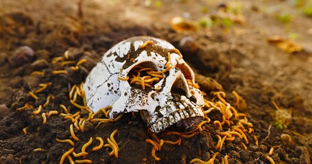 Maggots crawling on dead skull closeup photo