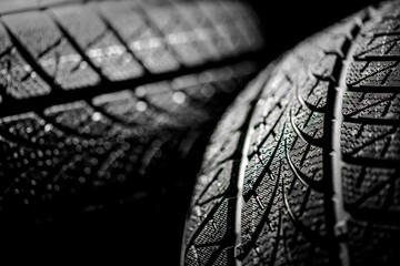 Clean car tires against dark background closeup