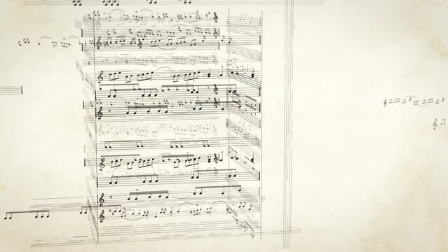 Vintage music sheet background with rotating 3D notes. Seamless looping animation