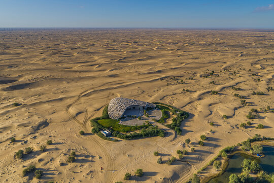 Aerial view of Al Quadra yoga center in the middle of the desert, Dubai United Arab, Emirates.