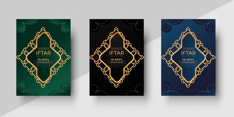 Ramadan Kareem 3 color variation set of posters or invitations design with 3d paper ,gold and violet background. Vector illustration. Place for text. 