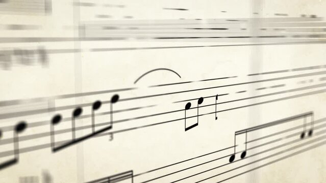 Notes gradually appear on sheet of music. Close up follow shot animation