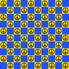 Ukraine flag color checker pattern. Yellow and blue checker pattern with peace symbol. Peace for Ukraine. Black peace symbol pattern on yellow and blue background. Peace pattern.