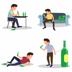 Alcoholism risks, danger from boozing icons set. Effect of alcohol abuse concept.