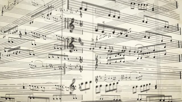Three-dimensional flight through digital tower of music notes against retro old paper background