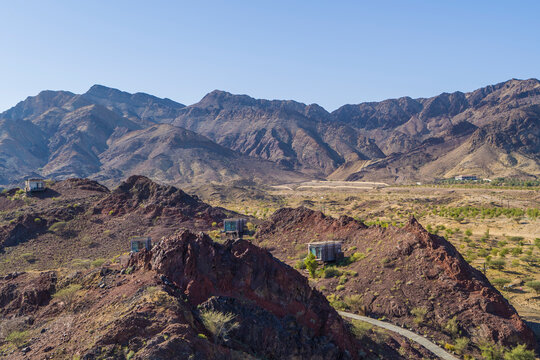 Aerial view of bungalow among the rocky hills in Hatta, Dubai, United Arab Emirates.