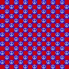 White peace symbol on red and blue checker background. Peace pattern on red and blue backdrop.