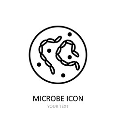 Outline vector icon with microbes under a microscope.