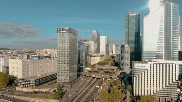 Establishing aerial view of Paris La Defense Skyline building financial district Paris France 