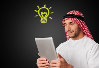 Creative new idea. Innovation, brainstorming, Arab man looking to light bulb.