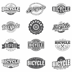 Bicycle emblems, logo and badges set, vector Monochrome retro bicycle shop, repair, accessories signs