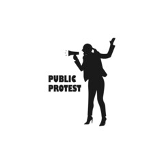 Female protester holding megaphone black vector silhouette illustration.