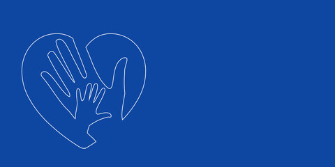 A large white outline mom with baby symbol on the left. Designed as thin white lines. Vector illustration on blue background