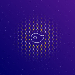 A large white contour steak symbol in the center, surrounded by small dots. Dots of different colors in the shape of a ball. Vector illustration on dark blue gradient background with stars