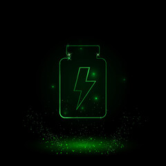 A large green outline power jar symbol on the center. Green Neon style. Neon color with shiny stars. Vector illustration on black background