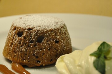 typical hot volcano of dulce de leche and chocolate. Argentina