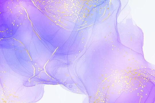 Violet lavender liquid watercolor marble background with golden lines. Pastel purple periwinkle alcohol ink drawing effect. Vector illustration design template for wedding invitation, menu, rsvp