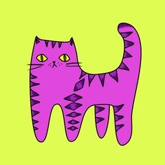 Crazy cat. Color illustration of a purple cat with lilac stripes. A cat with big yellow eyes on a green background. An idea for color books and greeting cards