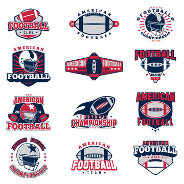 American Football 12 colored badges Set in Vintage Style. Retro Collection of red and blue Football elements and emblems