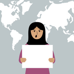 Screaming muslim woman holds and shows a white blank sheet, or a poster. Against the backdrop of the karate of the world.