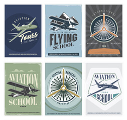 Retro Aviation set of 6 posters. Vintage Vector Airplane Labels, design elements and emblems