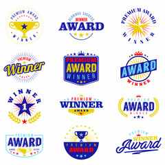 Naklejka premium Colorful award labels, logos and badges collection with vintage design elements. Isolated on white background. .