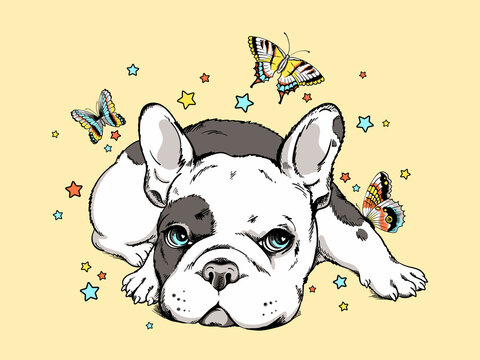 Cute french bulldog with butterflies. Image for printing on any surface