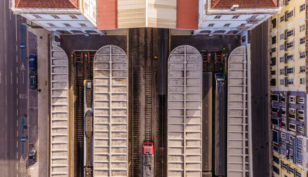 Aerial view of Santa Apolonia train station, view of the railways from top with building on site, Lisbon, Portugal.