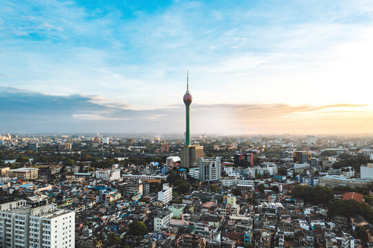 Aerial view of Colombo Lotus TV tower and Wekanda district in early morning light, Colombo city, Sri Lanka.