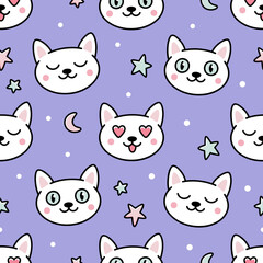 Cute seamless pattern with cats head, stars and moon. Vector graphic illustration. Background in kawaii cartoon style.