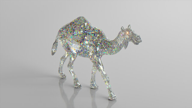 Diamond camel. The concept of nature and animals. Low poly. White color. 3d illustration