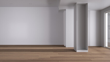 Empty room interior design, open space with white walls and parquet wooden floor, big panoramic window, modern contemporary architecture, morning light, mock-up with copy space