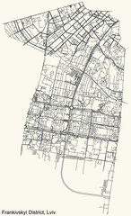 Obraz premium Detailed navigation black lines urban street roads map of the FRANKO (FRANKIVSKYI) DISTRICT of the Ukrainian regional capital city Lviv, Ukraine on vintage beige background