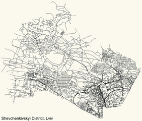 Detailed navigation black lines urban street roads map of the SHEVCHENKO (SHEVCHENKIVSKYI) DISTRICT of the Ukrainian regional capital city Lviv, Ukraine on vintage beige background