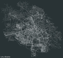 Detailed negative navigation white lines urban street roads map of the Ukrainian regional capital city of LVIV, UKRAINE on dark gray background