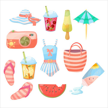 Set of summer accessories. Items for holidays or weekends at the seaside. Vector illustration isolated on white background.