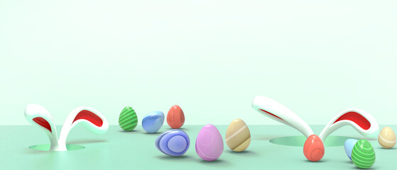 Easter day Background and bunny ears with Easter eggs Concept on the green. design for product ,display ,banner ,greeting card, Promotion, copy space -3d Rendering