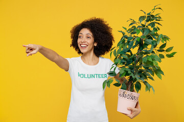 Young woman of African American ethnicity wears white volunteer t-shirt hold home plant tree point...