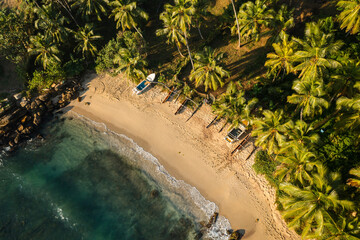 Aerial view of tiny secret beach near the Indian ocean in Sri Lanka.