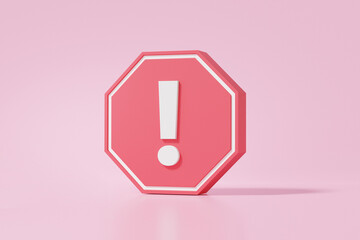 Minimal red octagon warning symbol icon on pink background. website, alert, error alert safety concept. isolated. 3d render illustration - obrazy, fototapety, plakaty