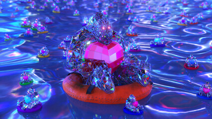 Love concept. Diamond gorilla swims on a life buoy and holds a red heart in his hands. 3d illustration
