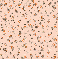 Hand drawn seamless floral pattern. Simple background with branches and berries. Small berries, leaves and twigs. Ditsy print. Seamless vector texture. Elegant template for fashion prints.