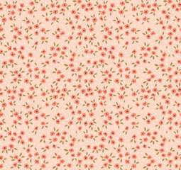 Seamless floral pattern. Ditsy background of small orange flowers. Small-scale flowers scattered over a light pink coral background. Stock vector for printing on surfaces and web design.