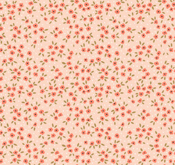 Seamless floral pattern. Ditsy background of small orange flowers. Small-scale flowers scattered over a light pink coral background. Stock vector for printing on surfaces and web design.