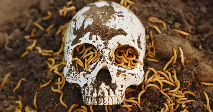 Maggots crawling in dead skull