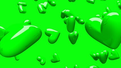 Green hearts on green background.
3D illustration for background.

