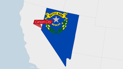 US State Nevada map highlighted in Nevada flag colors and pin of country capital Carson City.