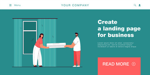 Married couple installing air conditioning system in house. Wife and husband holding air conditioner flat vector illustration. Technology, home appliances concept for website design or landing page