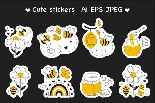 Set of cartoon stickers: bees, fresh honey, jars, honey spoon, flowers, bear, honeycomb. Useful for design of organic product, flyers, backgrounds. Hand drawn vector illustration.